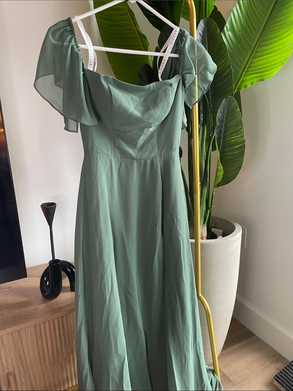 Azazie Sage Green Flutter-Sleeve Maxi Dress